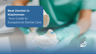 Close-up of smiling teeth with a dental mirror. Blue text box: Best Dentist in Kissimmee. Mood is professional and inviting.