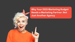 Woman in orange sweater with surprised expression points up, red bow in hair. Text: Why your 2025 marketing budget needs a partner.