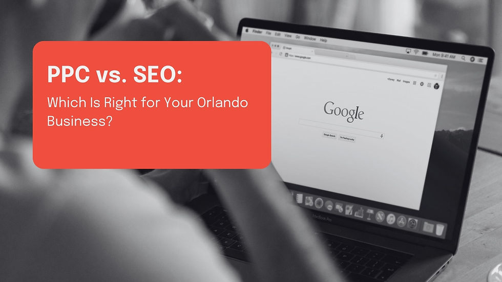 Person using a MacBook with Google open. Red overlay reads "PPC vs. SEO: Which Is Right for Your Orlando Business?" in an office setting.