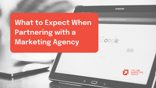 A group of three colleagues engaged in discussion in an office setting. Text overlay reads: What to Expect When Partnering with a Marketing Agency.