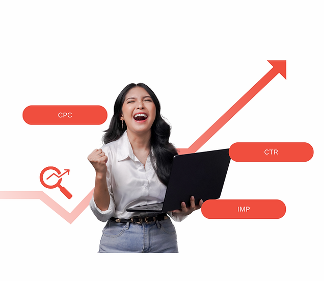 Excited marketer celebrating PPC campaign success with rising analytics graph showing CPC, CTR, and impressions improvement.