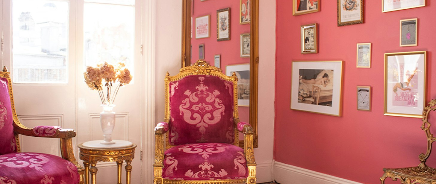 What's on this weekend: Romancing the Novel Opens Brisbane Store, By Dayna attending. Image of rose-blush room with faux-vintage chairs and framed images.