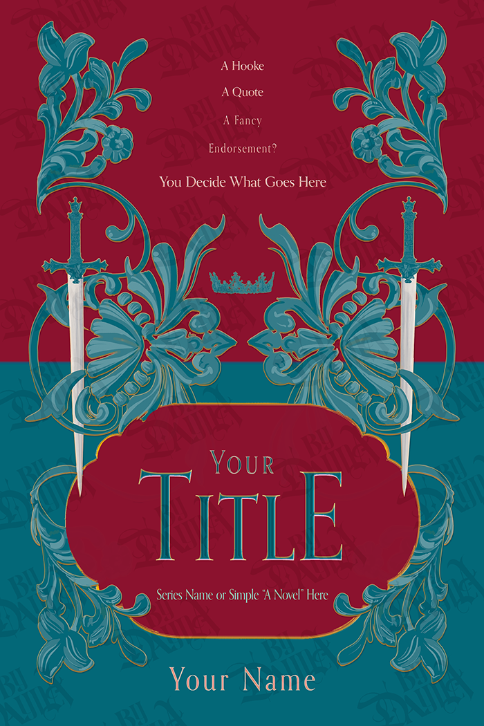 Thumbnail: Medieval Historical Fantasy Premade Book Cover. Crimson and Teal tones. Minimalist Flat Style Featuring Swirls & Swords
