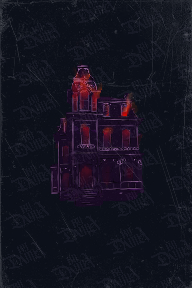 Thriller Retro Horror Premade Cover, illustrated and designed by dayna, all human, red and purple colour tones, house on fire