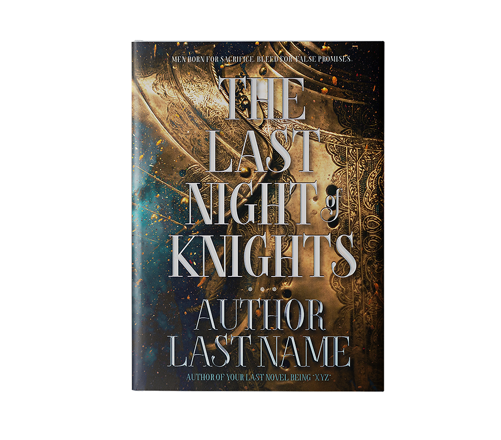 Mock Up image of NIGHT OF KNIGHTS | Medieval Fantasy Knight Premade Book Cover featuring a close up of gold medieval armour