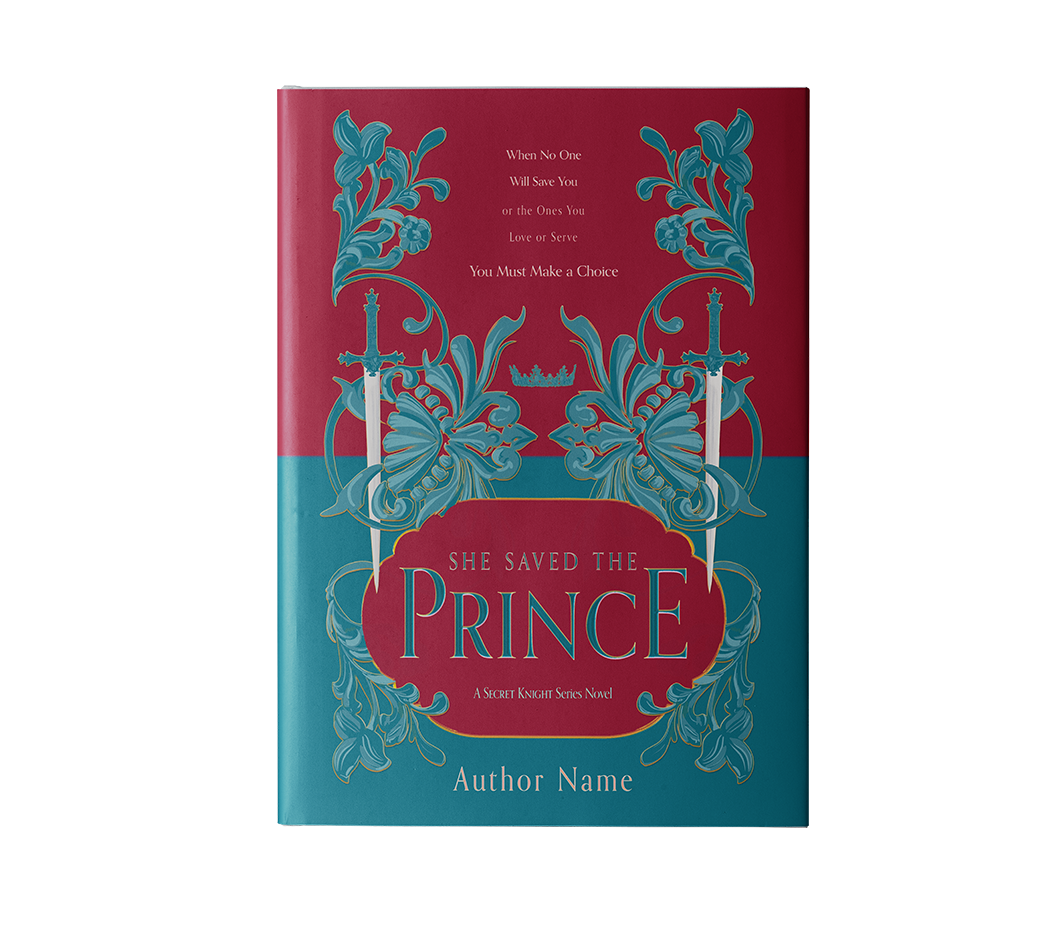 Medieval Historical Fantasy Premade Book Cover. Crimson and Teal. Minimalist Flat Style Featuring Swirls & Swords. Mock up.