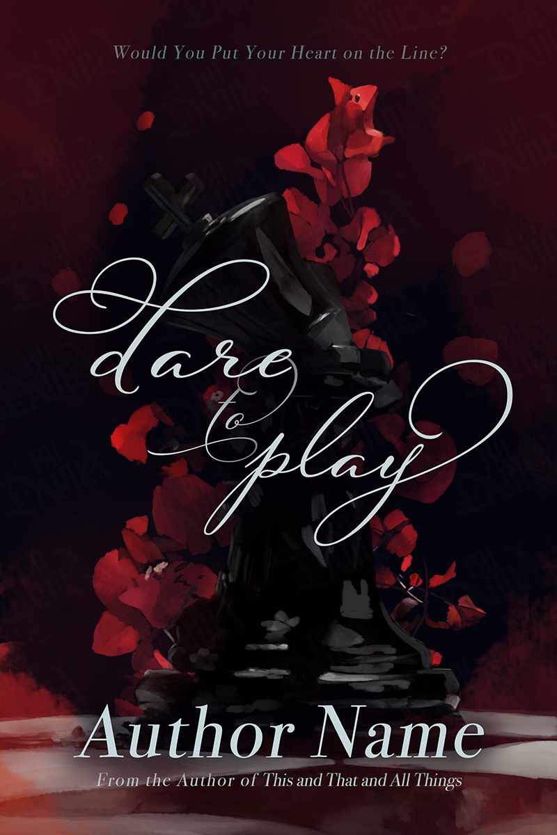 Thumbnail: Dark Romance Thriller Premade Cover Illustrated in Procreate, featuring a broken queen chess piece and blood red petals