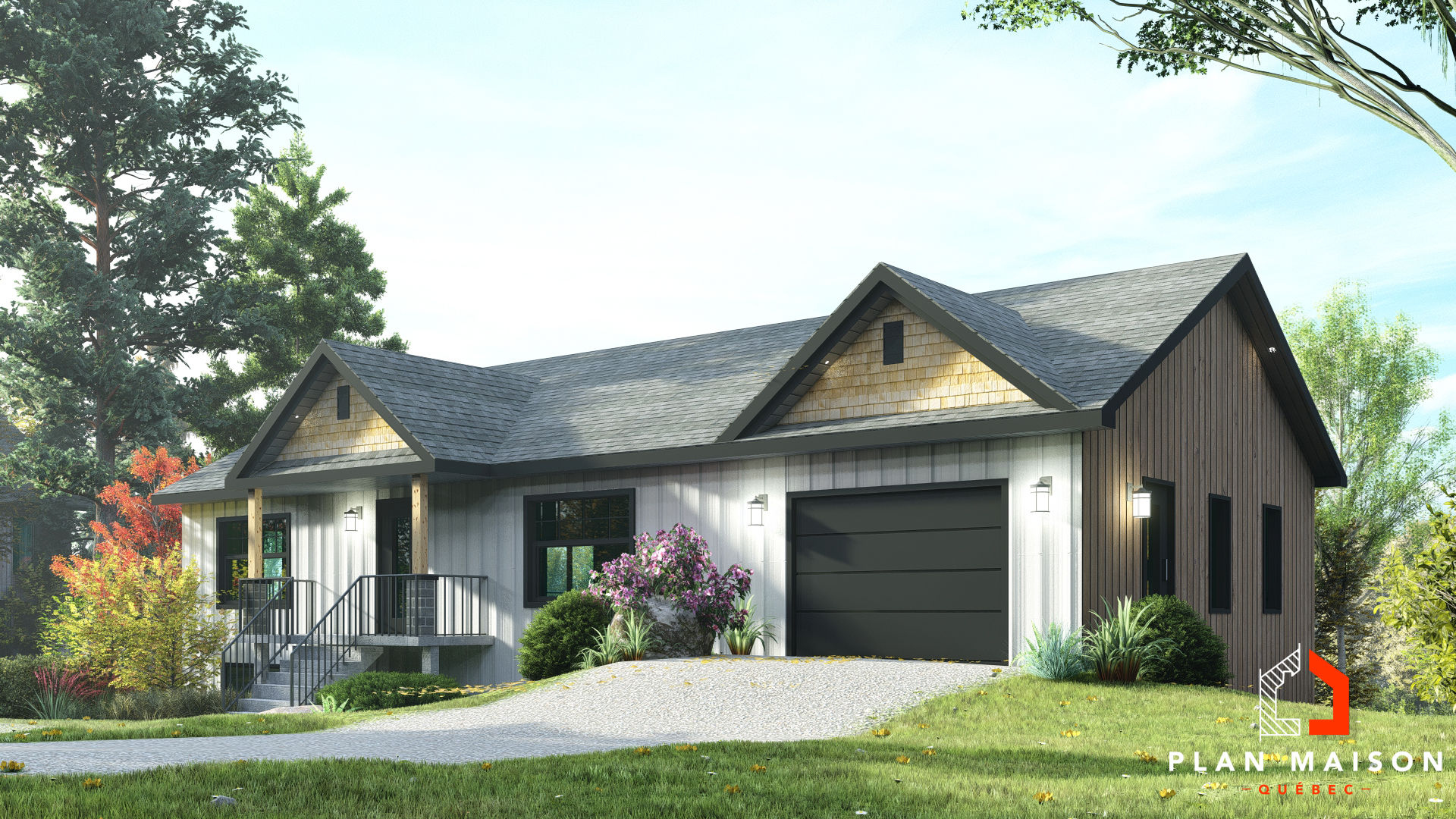 Plan de maison avec garage et rez-de-jardin - Extérieur avant