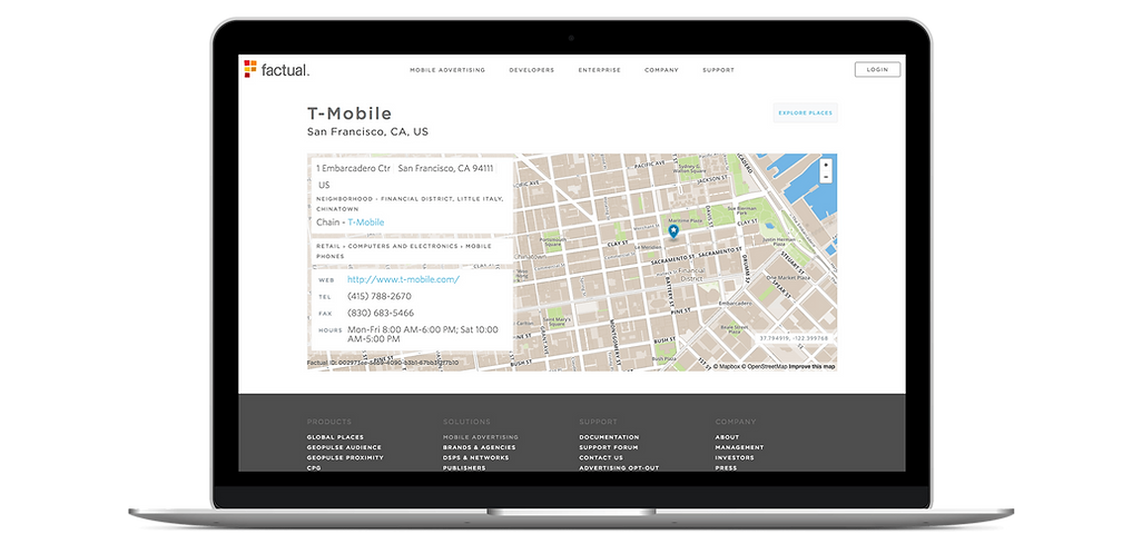 Page d'entreprise, Factual, référencement Web gratuit