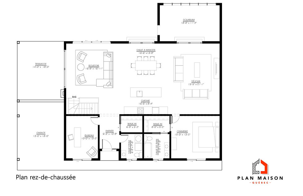 Thumbnail: Plan de maison de plain-pied avec au garage sous-sol - Plan du rez-de-chaussée