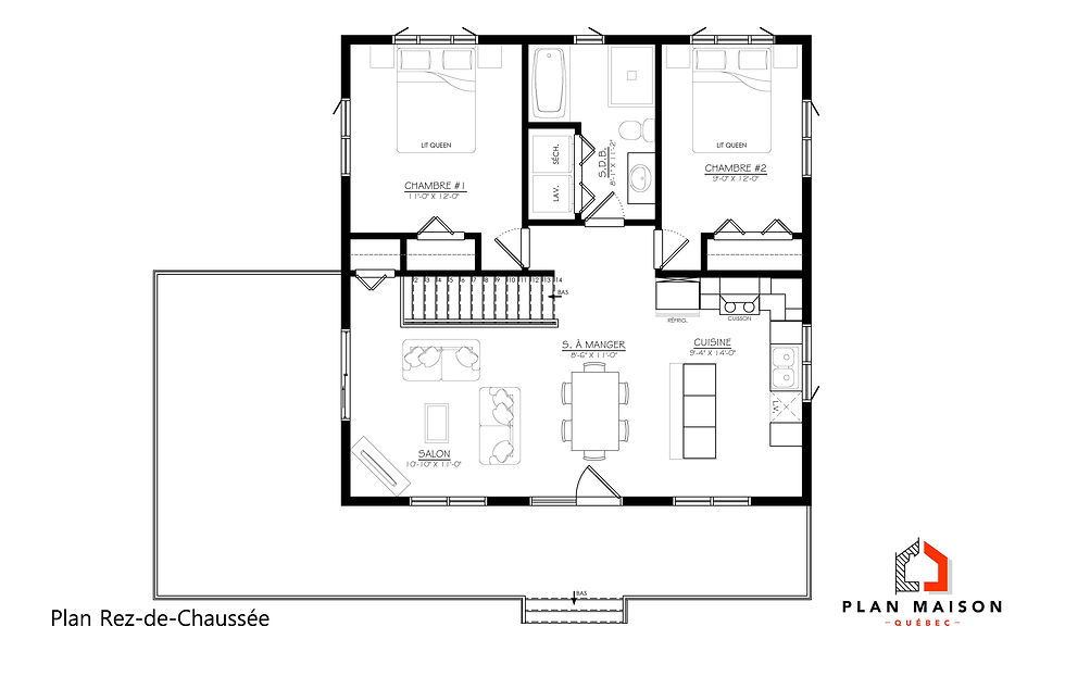 Miniature : Plan de petite maison de plain-pied avec 2 chambres - Plan du rez-de-chaussée