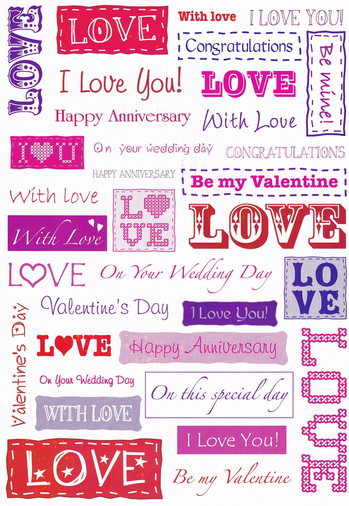 Love Themed Paper Sentiments Sheet