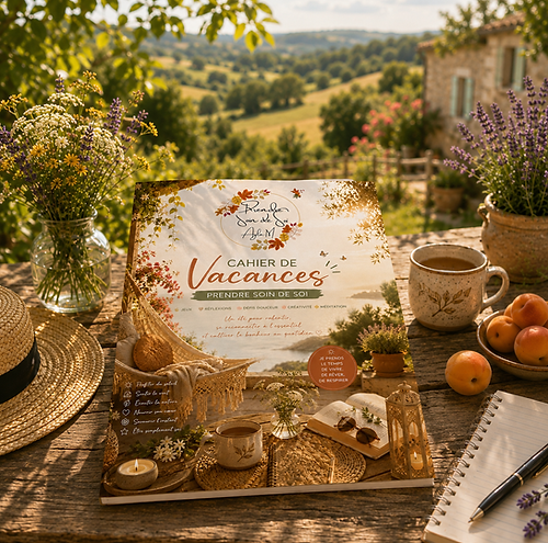 cahier de vacances posé sur une table à la campagne avec un chapeau de paille, des abricots, une tasse de thé