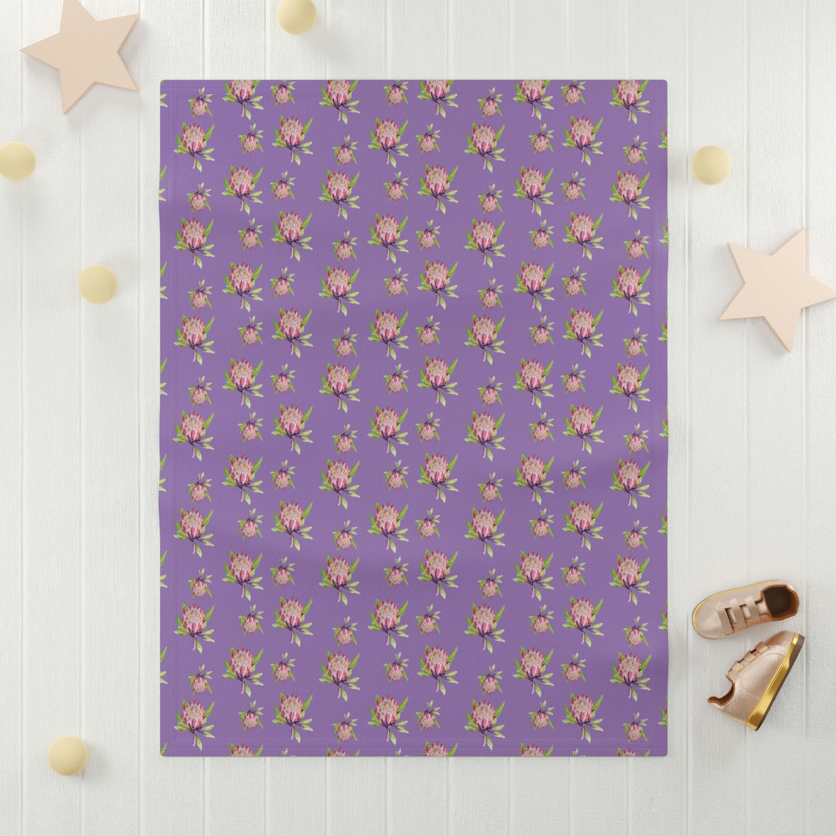 Pink Proteas on Purple - Fleece Baby Blanket