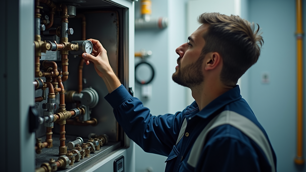 Eye-level view of a Gas Safe registered engineer inspecting a boiler