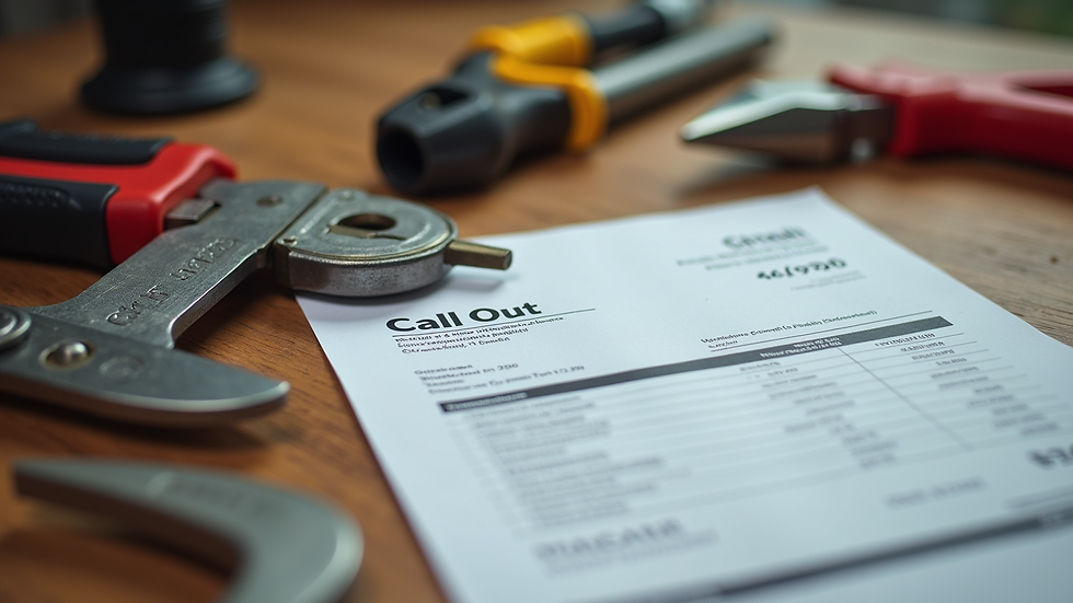 Close-up of plumbing tools and a call-out invoice on a wooden table