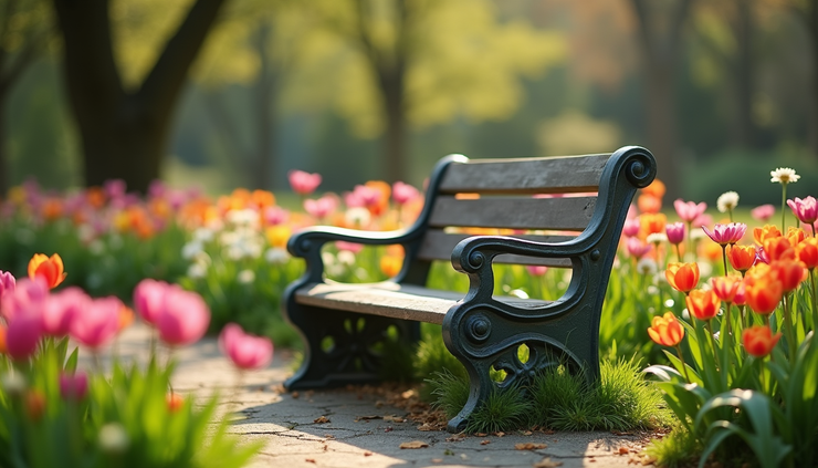 Eye-level view of a serene garden bench surrounded by blooming flowers in spring