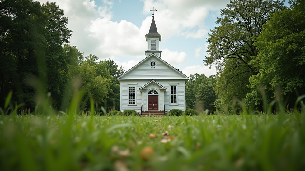 Eye-level view of the New Vision Church building surrounded by greenery
