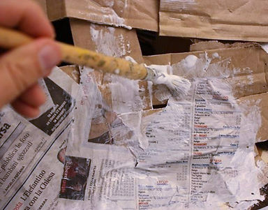 cartone, carta, giornali, pennello, cartapesta, arte, colla