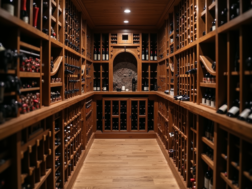 A professional wine cellar filled with rows of premium wine bottles and rustic wooden racks.