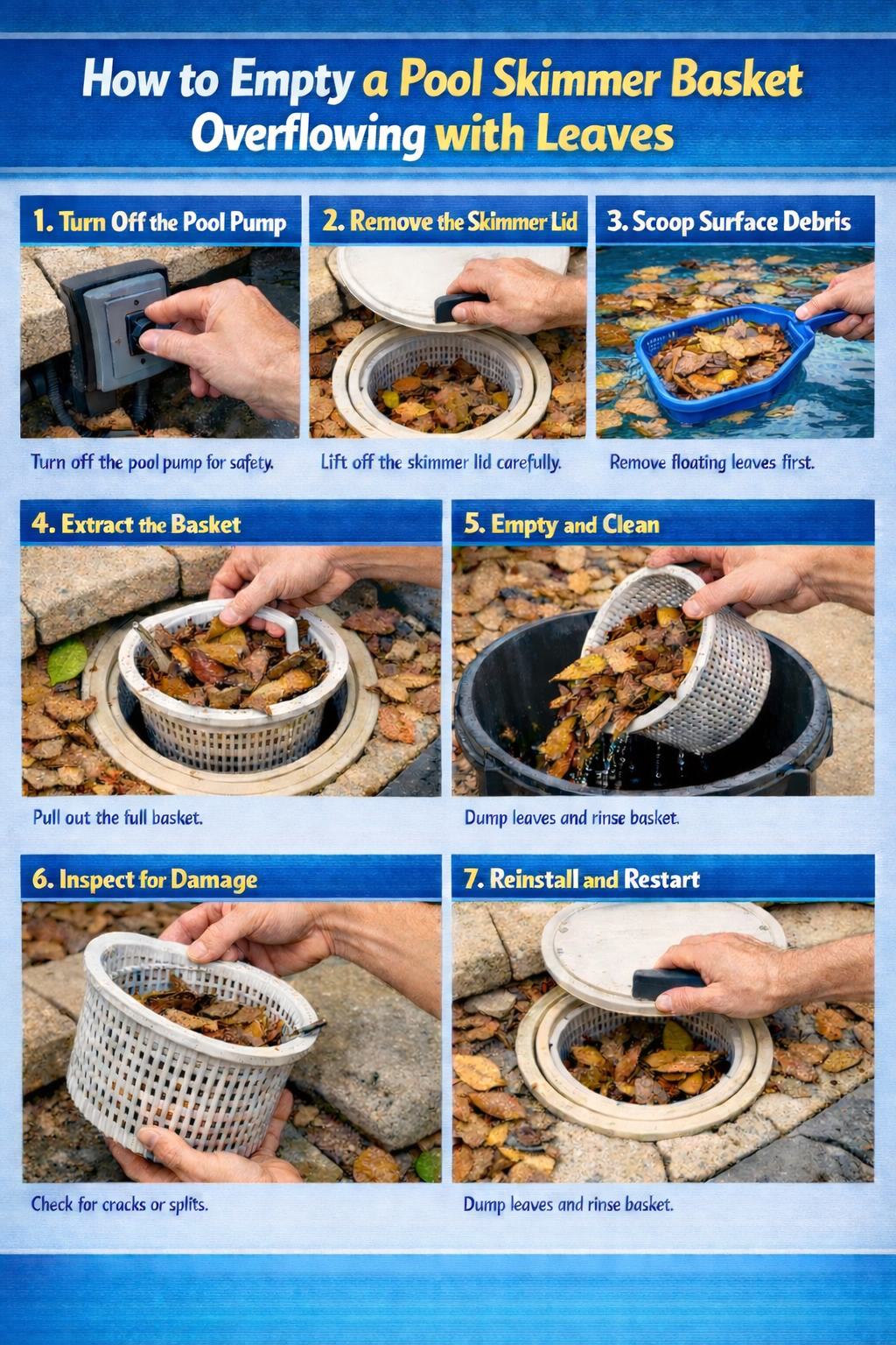 Infographic showing steps to empty a pool skimmer basket with leaves. Includes visuals of turning off pump, removing lid, scooping, cleaning, and reinstalling.