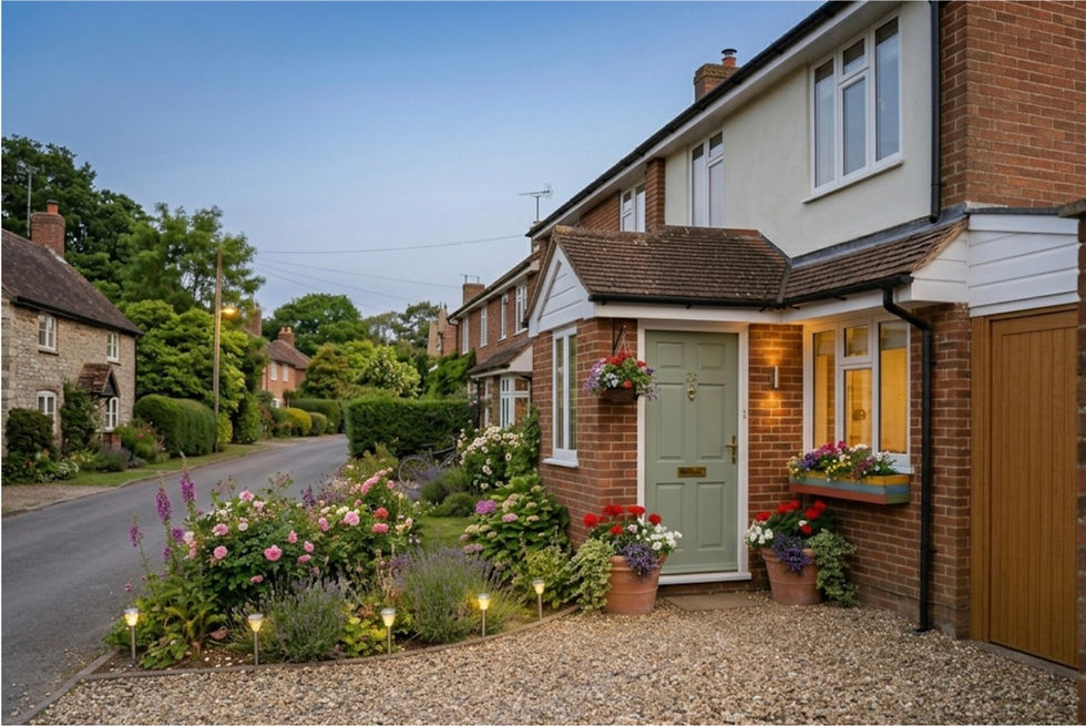 Brick cottage with lit porch, pastel door and flower-filled front garden on a quiet street at dusk.