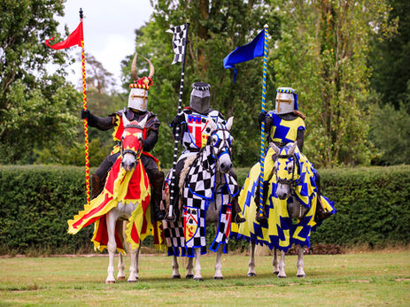 Three armoured jousters on decorated horses hold lances with red, black, and blue flags in a green field.