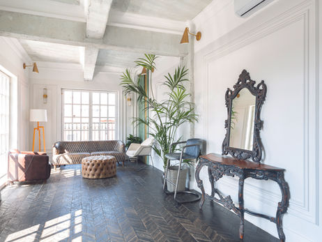 Bright room with a leather sofa, patterned ottoman, and ornate mirror. Features large windows, potted plants, and wooden floors.