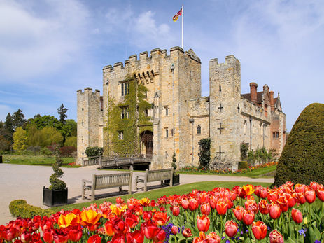 Stone castle with ivy, flag, and benches in a vibrant garden of red and yellow tulips under a blue sky. Lush greenery surrounds the scene.