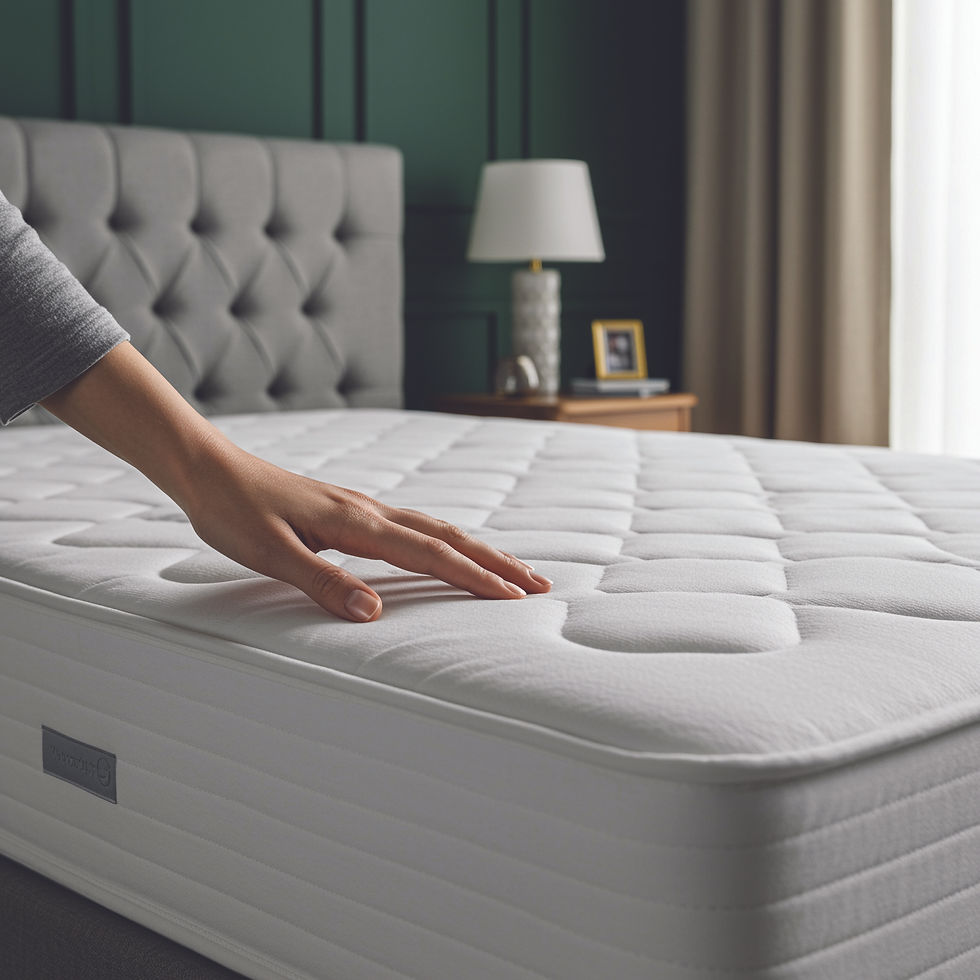 Hand pressing a white, quilted mattress in a cozy bedroom with a grey headboard, green wall, and a bedside table with a lamp and photo.