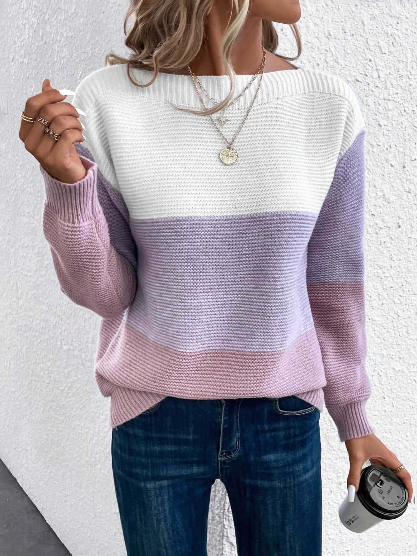 Elegant Three-color Patchwork Sweater Women Daily Commuter Casual Loose Jumpers