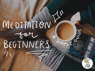 Cozy setting with grey socks, a person holding a coffee mug, and a patterned notebook. Text reads "Meditation for Beginners: A Simple Guide." Sunset over a field with a poppy. Text: "Be kind to yourself" and "Mental Health Awareness Week." Warm, calming mood. The Loz Sandom Studios logo is in the bottom right-hand corner.