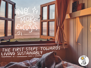 Open window with curtains, wetlands view, and sky. Cozy blankets inside. Text: "No More Excuses" and "The First Steps Towards Living Sustainably." The Loz Sandom Studios logo is in the bottom right-hand corner.