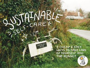 Old bicycle with "Castle Hill House" sign leans on a green hedge. Text: "Sustainable Self-Care: 3 Cheap & Easy Ways to Take Care of Yourself and the Planet." Rural setting. The Loz Sandom Studios logo is in the bottom right-hand corner.