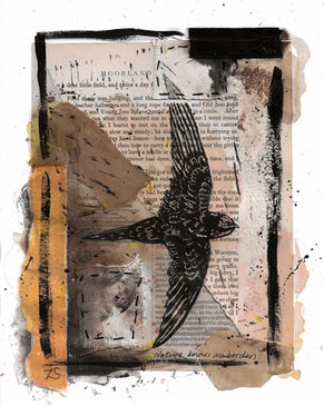 Mixed media piece featuring a lino-printed Swift on a collaged background. 
Local artist, Yorkshire artist, art for sale, printmaking, art commissions.