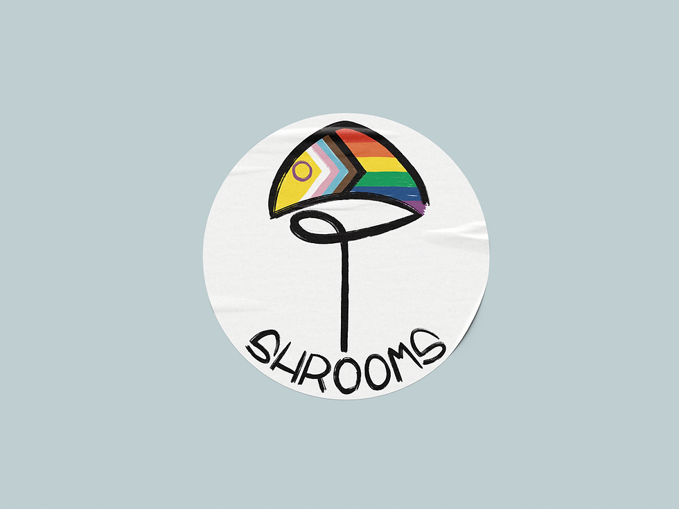 Hand-drawn style mushroom logo with the LGBTQ+ flag in the head and handwritten text 'SHROOMS' - Loz Sandom Studios