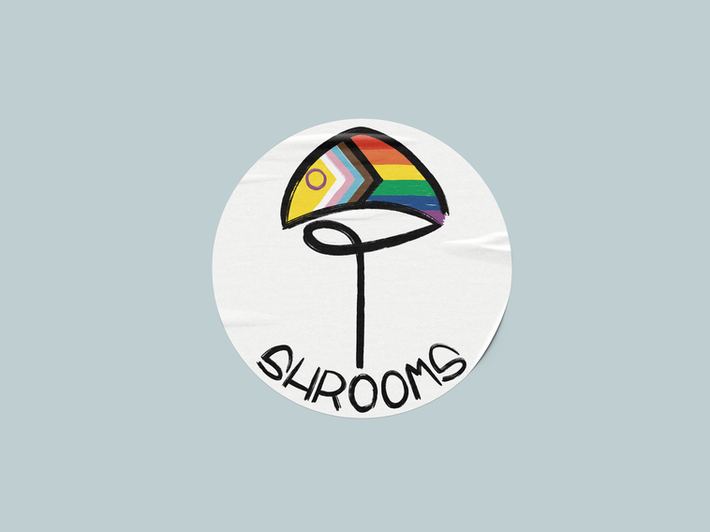Shrooms logo sticker on muted blue background - Loz Sandom Studios