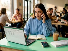 Borrower speaking with student loan servicer at home desk