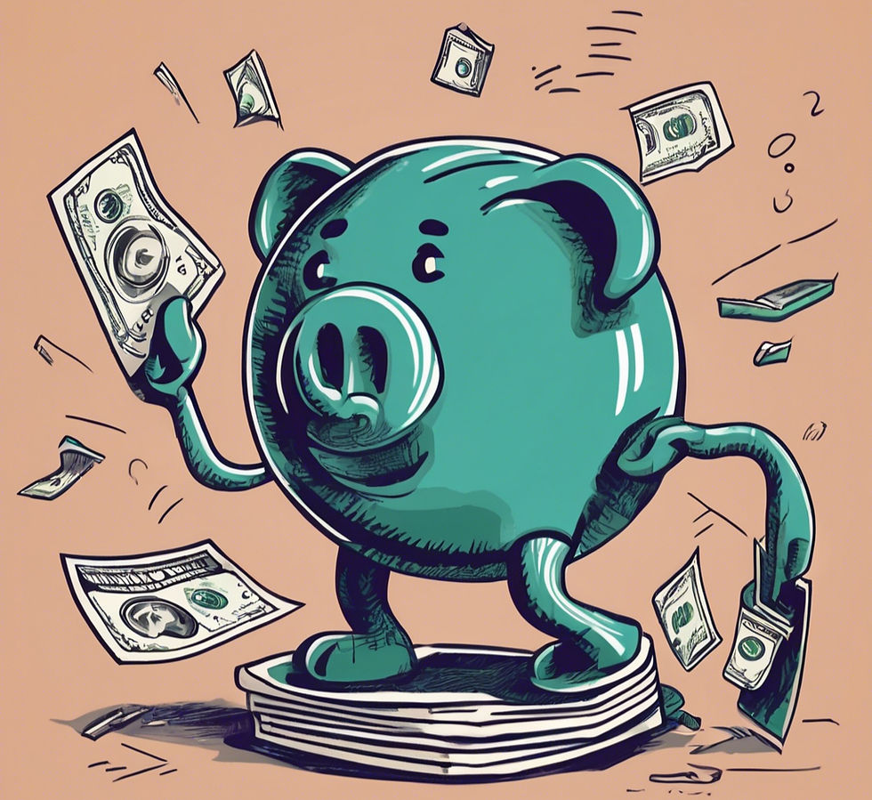 Green piggy bank holding money and standing on paperwork with money flying away behind and next to him