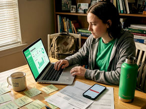 Young graduate budgeting with loan paperwork at kitchen table