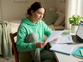 Student reviewing loan papers at home desk