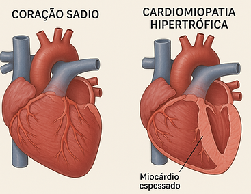 Ilustração que mostra um coração sadio e um coração com cardiomiopatia hipertrófica.