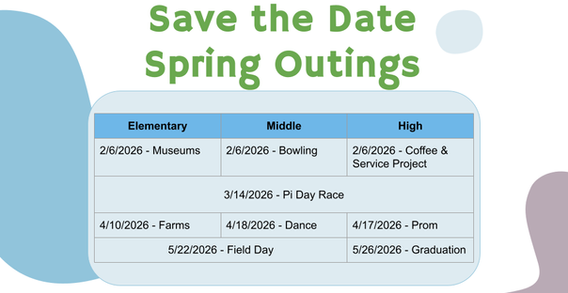 Save the Date Spring Outings schedule for Elementary, Middle, High school.
