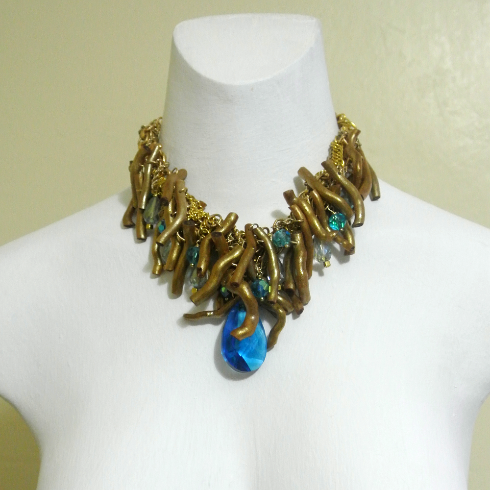 Gold and Deep Blue Twiggy Coral Statement Necklace