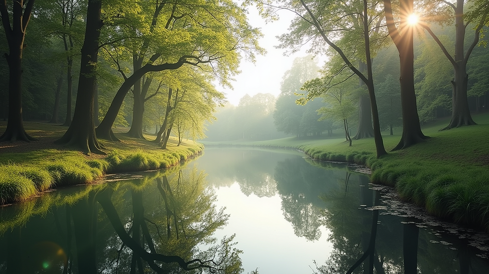 Eye-level view of a serene lake surrounded by trees