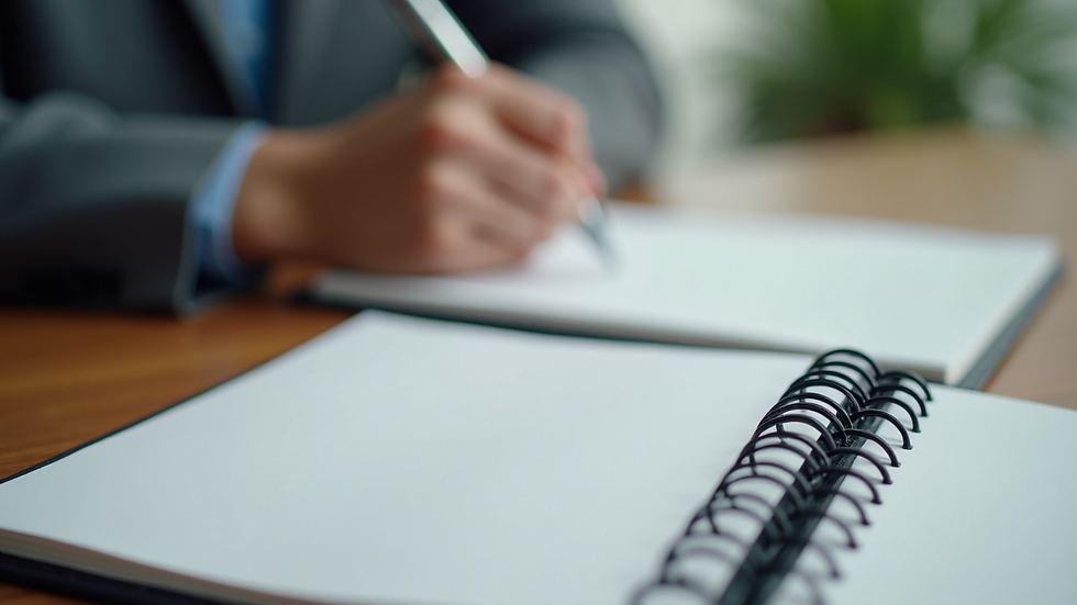 Close-up view of a therapist’s notebook and pen on a wooden table