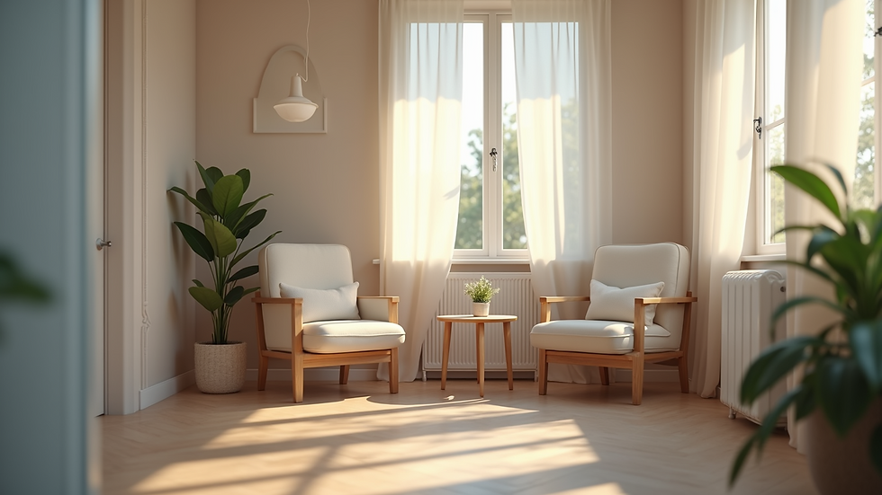 Eye-level view of a calm therapy room with a comfortable chair and soft lighting
