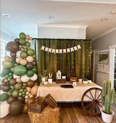 Rustic texas party setup with balloon arch, green chiffon backdrop with string lights, memory lane banner, wagon wheel, and cactus