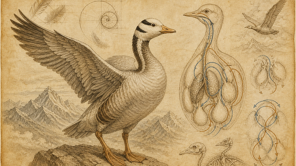 Leonardesque study of BarHead, bar-headed goose, breathing brilliance in thin air