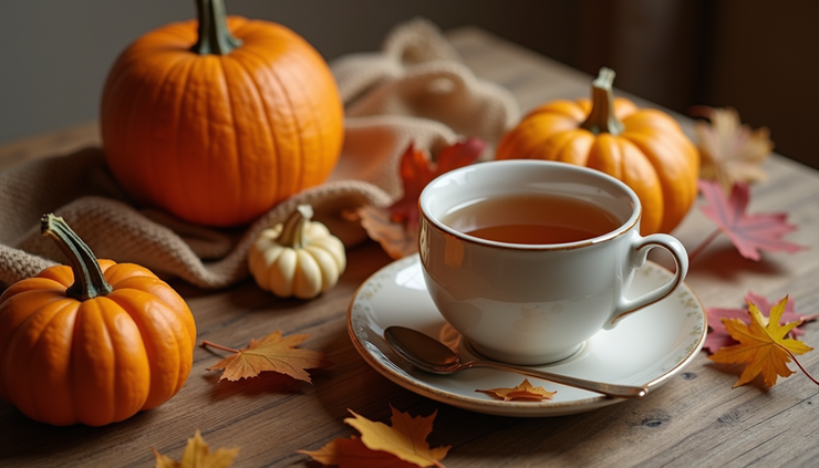 Eye-level view of a rustic wooden table with autumn decorations and a cup of tea